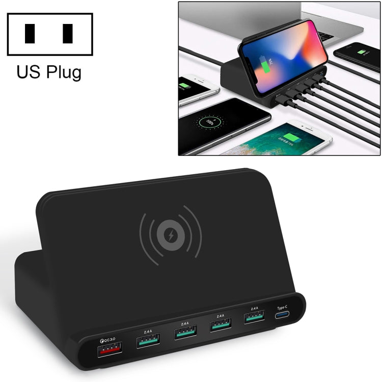 Interfaccia USB QC 3.0 da 828 W 7 in 1 60 W + 4 porte USB + interfaccia USB-C / Type-C + caricabatterie multifunzione con ricarica wireless con funzione di supporto per telefono cellulare, presa americana, US Plug Black, US Plug White Interfaccia USB QC 3.0 da 828 W 7 in 1 60 W + 4 porte USB + interfaccia USB-C / Type-C + caricabatterie multifunzione con ricarica wireless con funzione di supporto per telefono cellulare, presa americana, US Plug Black, US Plug White